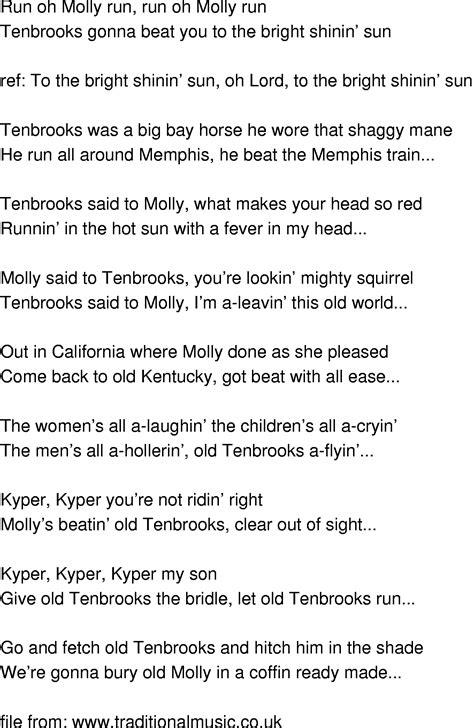 Old Time Song Lyrics Molly And Tenbrooks