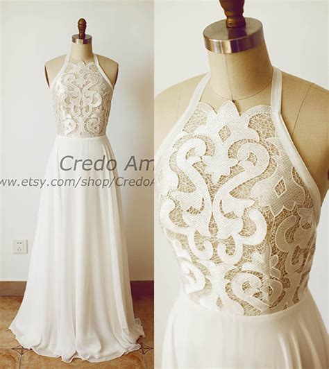 Sexy Lace Chiffon Beach Wedding Dress Halter Neck Backless Open Back Sheer See Through Bridal