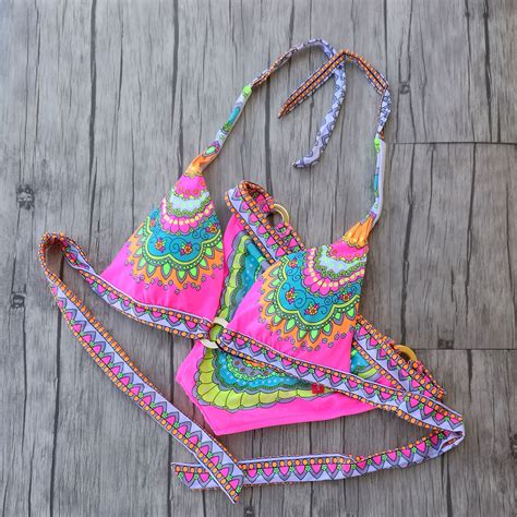 Triangle Bikini Pink Floral Print Swimwear Women Thick Small Chest