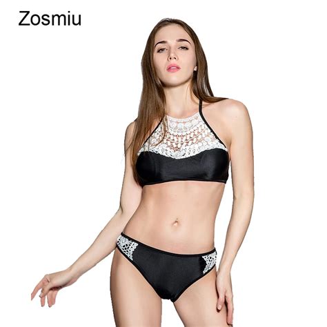 zosmiu women summer crochet knit bikinis high neck sexy hollow out swimsuits cross bandage beach