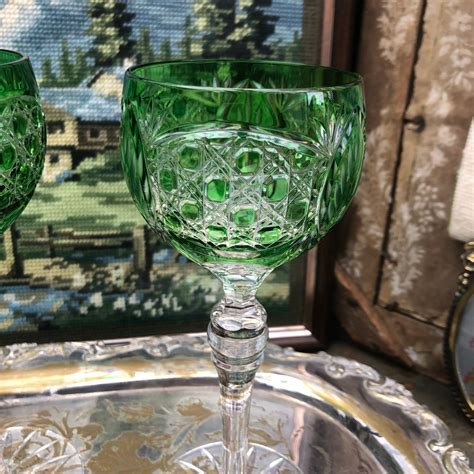 Vintage Ajka Pair Cut Crystal Hock Wine Glasses Shaped Stem Set Of 2