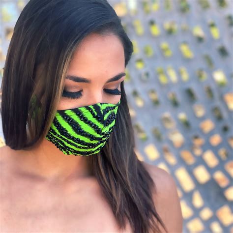 Handmade Rhinestone Face Mask Neon Green And Black Zebra Etsy