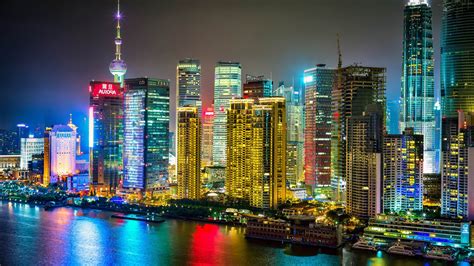 Shanghai China Nacht Stadt Gebäude Hochhäuser Fluss 1920x1200 Hd