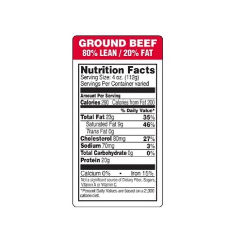 Ground Beef Nutrition Facts Label 80 Lean 20 Fat 15 X 3 Rectangle