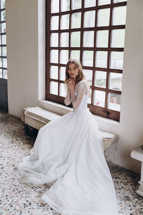 Off White Wedding Dress With Sheer Long Sleeve Embroidered Bodice