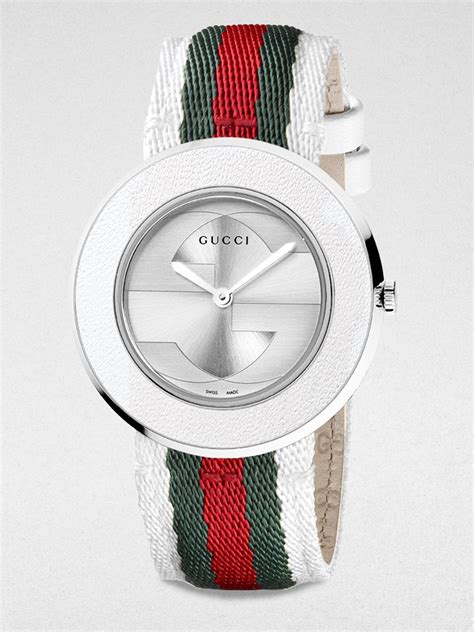 Gucci Uplay Round Stainless Steel And Leather Strap Watch In White No