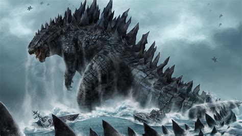 Godzilla On Sea Inverting The Ships And Jets Are Flying To Attack With