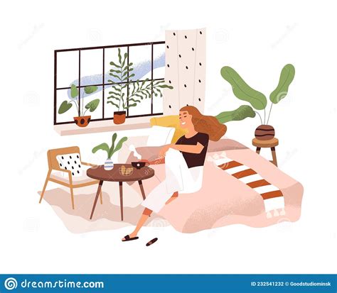 Woman Relaxing At Home Sitting On Bed At Coffee Table Happy Person In