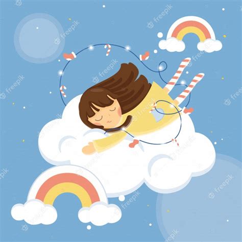 Premium Vector Illustration Cute Girl Sleep On The Cloud With Sky