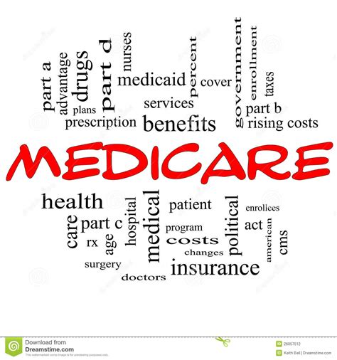 Checking medical bills for errors. Medicare Word Cloud Concept In Red Caps Stock Photography - Image: 26057512