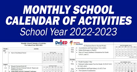 Deped Monthly School Calendar Of Activities For School Year 2022 2023