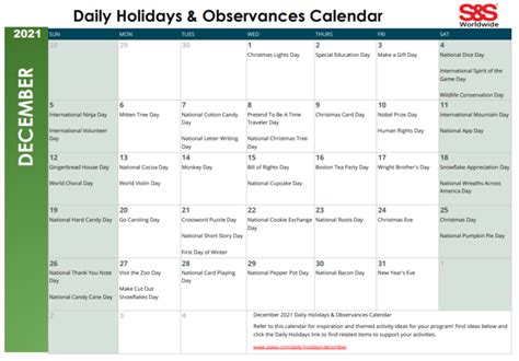 December Daily Holidays And Observances Printable Calendar Sands Blog