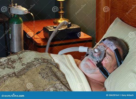 Man Sleeping Front View With Cpap And Oxygen Stock Images Image