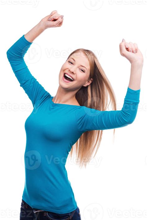 Victory Is My Second Name Portrait Of A Beautiful Young Woman Keeping Her Arms Raised Standing