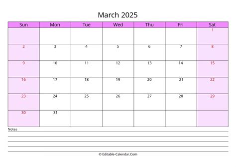 Download Free Editable Calendar March 2025 With Notes Weeks Start On
