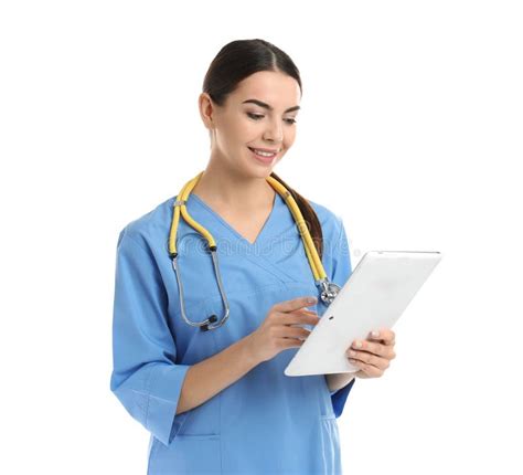 Portrait Of Medical Assistant With Stethoscope And Tablet Stock Image Image Of Computer