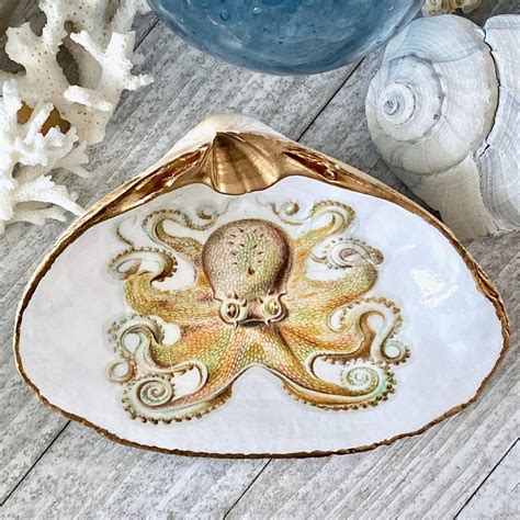 Decoupage Clam Shell Octopus Sea Shell Dish Octopus Dish Etsy