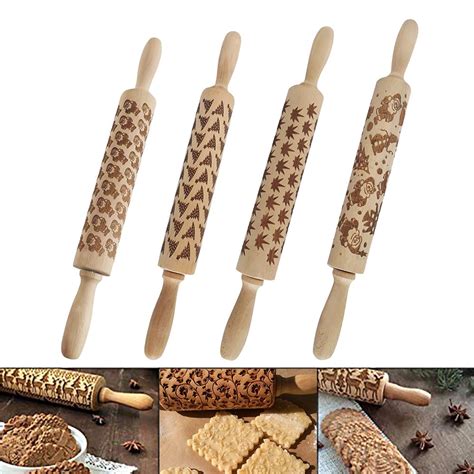 Christmas Rolling Pin Engraved Carved Wood Embossed Rolling Pin Kitchen