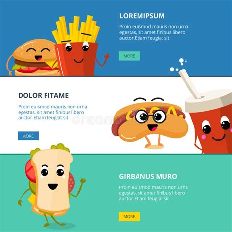 Vector Horizontal Banners Set With Cartoon Cute Fast Food Characters
