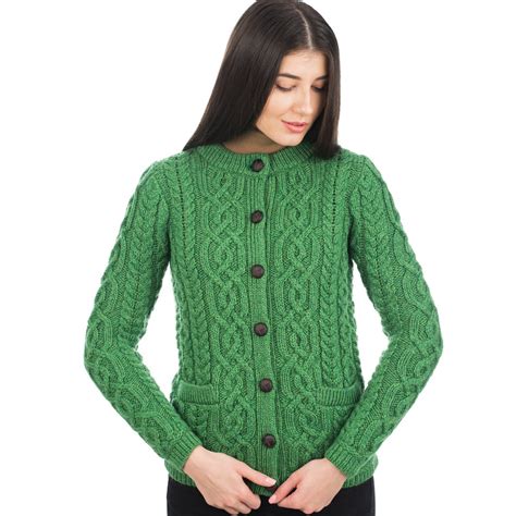 saol button up cardigan sweater 100 merino wool aran cable knitted