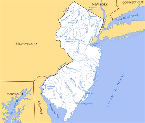 Large Rivers And Lakes Map Of New Jersey State New Jersey State Usa