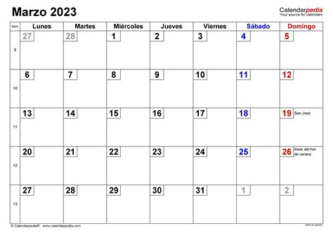 Calendario Marzo En Word Excel Y Pdf Calendarpedia