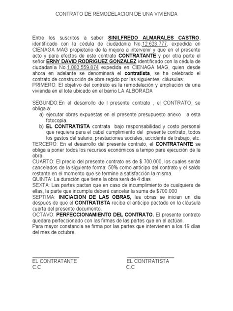 Carta Contrato De Remodelacion De Una Vivienda Pdf