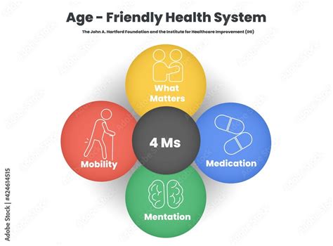 4ms framework of age friendly healthcare system into icons infographic vector presentation