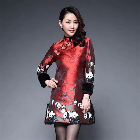 long sleeve winter qipao keep warm mom dress satin cheongsam cotton red chinese traditional