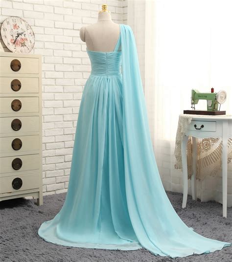Turquoise Evening Dresses A Line One Shoulder Chiffon Beaded Crystals