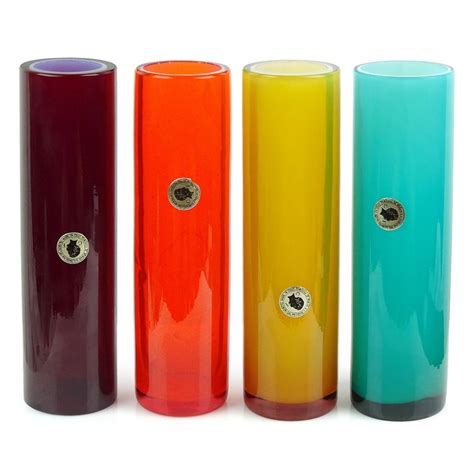 Murano Opalescent Red Italian Art Glass Round Cylinder Flower Vases With Labels For Sale At 1stdibs