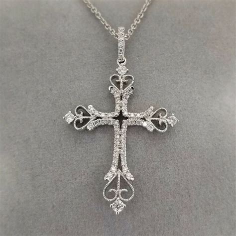 Antique Style Diamond Cross Pendent In 14k White Gold Finish Over