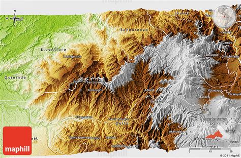 Map of ecuador shows that the equator cross through the country; Physical 3D Map of Cotacachi
