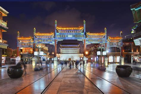 Illuminated Ancient Gate At Qianmen Street Beijing China Editorial