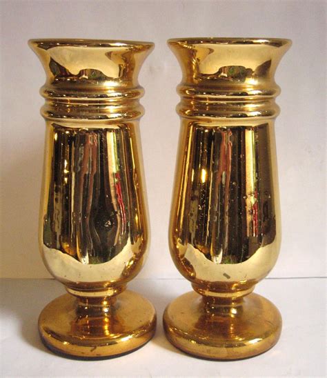 Antique Mercury Glass Vase Pair Gold Original Seal