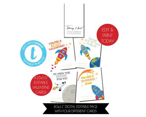 Personalized Rocket Shuttle Valentine Cards Printable Editable