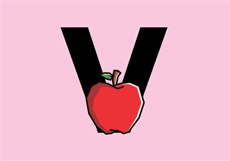 V Initial Letter With Red Apple In Stiff Art Style 6607635 Vector Art