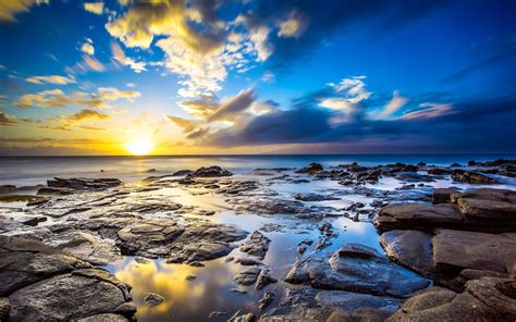 Sunrise Ocean Landscapes Nature Coast Sun Dawn Rocks Hawaii Usa
