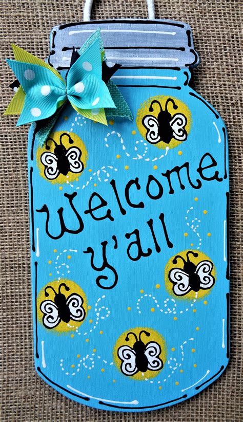 Welcome Yall Firefly Mason Jar Fireflies Sign Hanging Etsy Mason