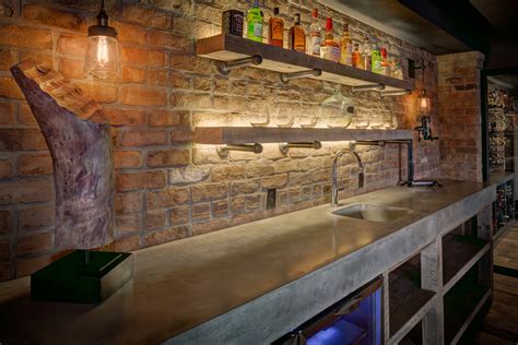 Exposed Brick Basement Farmhouse Home Bar Cleveland By Laura Of Pembroke Houzz