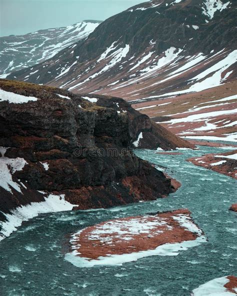 Amazing Turquoise River Curves Near Thorufoss Waterfall Iceland Stock