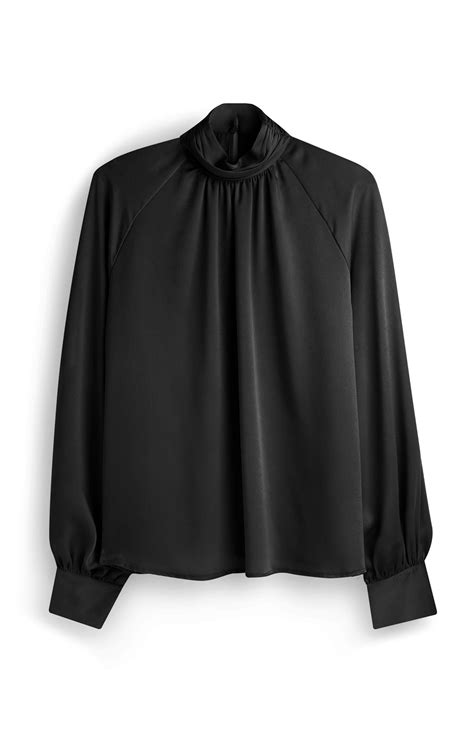 Primark - Black Satin Ruched Shirt | Primark, Black satin, Long sleeve blouse