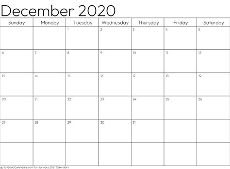 Standard December 2020 Calendar Template In Landscape