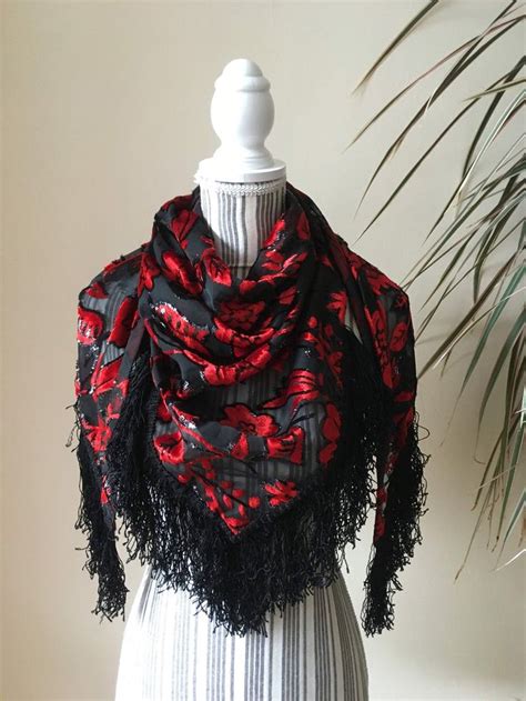Elegant Red And Black Evening Shawl With Tassels Womens Etsy