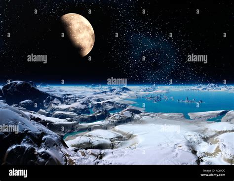 Moon Rising Over Ice Planet At Night 3d Computer Generated Sci Fi World