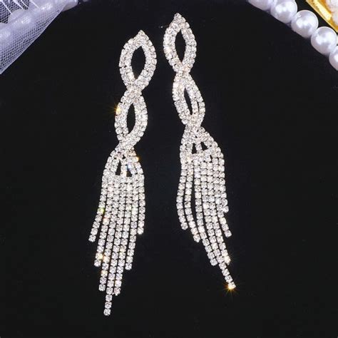Elegant Silver Color Crystal Long Tassel Earrings Shiny Rhinestone Drop Dangle Earrings For