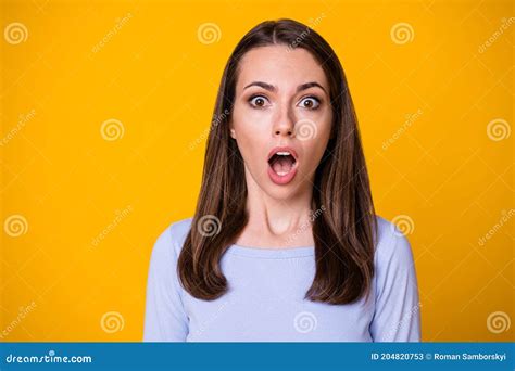 Closeup Photo Of Attractive Pretty Shocked Speechless Lady Open Mouth
