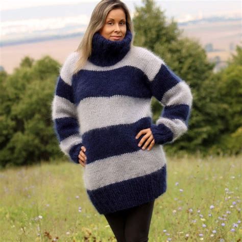 Man Women Hand Knitted Mohair Sweater Striped Blue Fuzzy