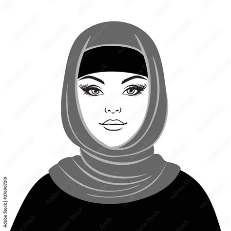 Beautiful Muslim Woman In Hijab Black And White Vector Illustration