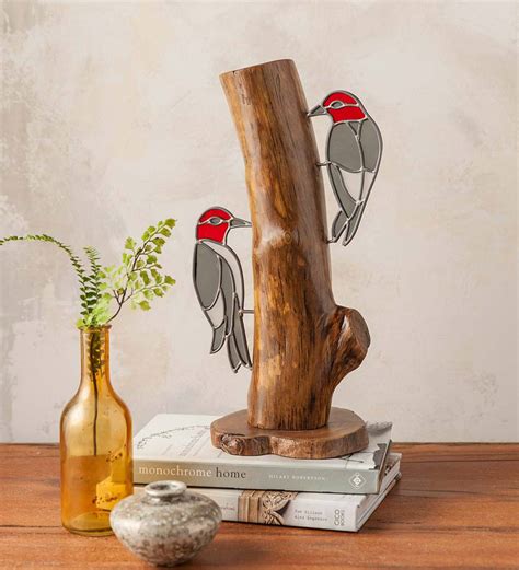 Stained Glass Woodpeckers On Stump Wind And Weather